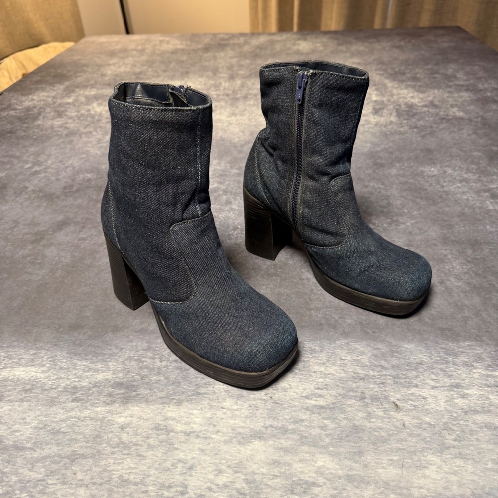 Y2K Bee Fly Women Denim Platform Ankle Boots Blue Block Heel Chunky 7.5